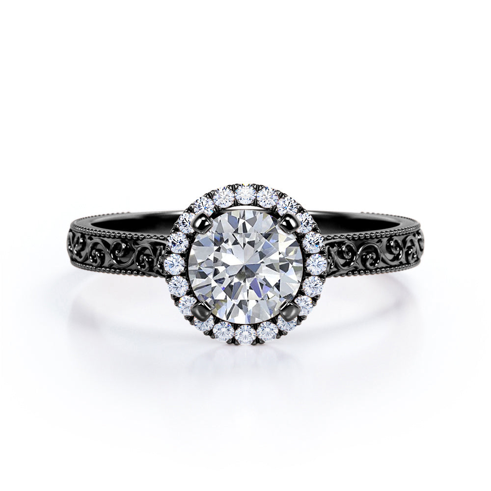 Filigree engraved 1.15 carat Round cut Moissanite and diamond Edwardian engagement ring in Rose gold