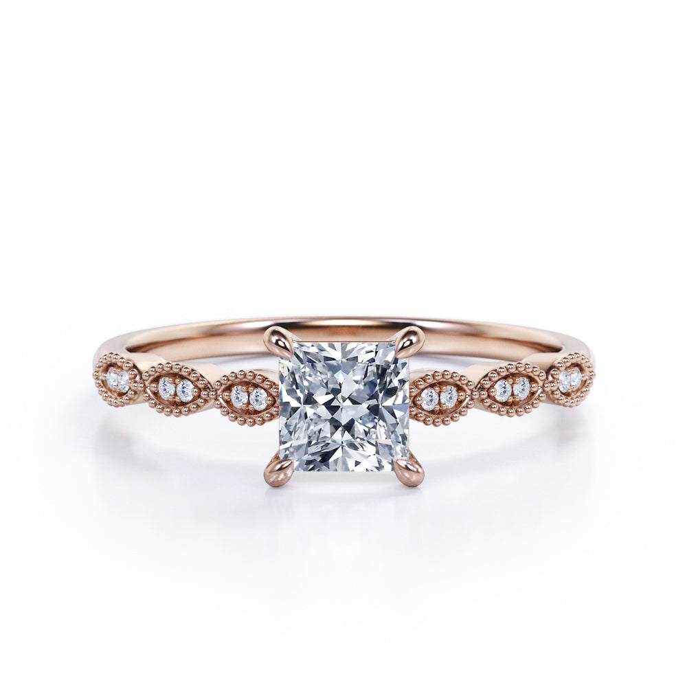 Claw prong setting 1.15 carat Princess cut Moissanite and diamond bead décor engagement ring in White gold
