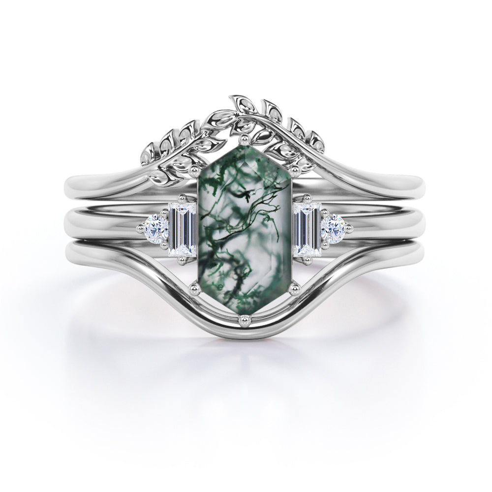 Vintage Double Chevron 1.1 carat Hexagon shaped Moss Green Agate and diamond forest inspired engagement ring in Black gold