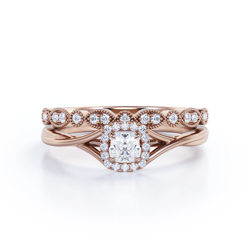 Twisted split shank 0.8 carat Cushion cut Moissanite and diamond milgrain bridal set in White gold