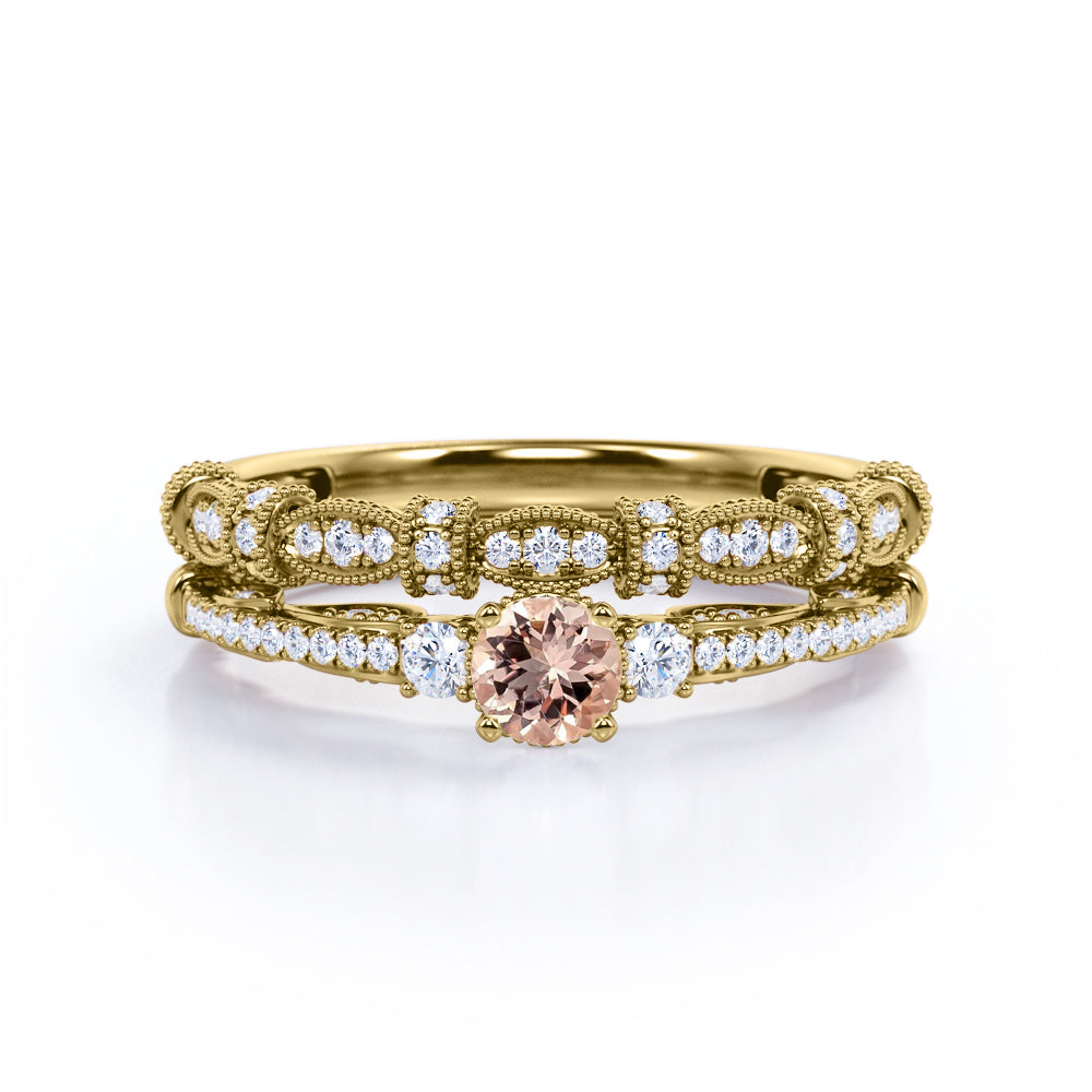 Artistic 1 carat Round cut Pink Morganite and diamond engraved art deco inspired wedding ring set in White gold