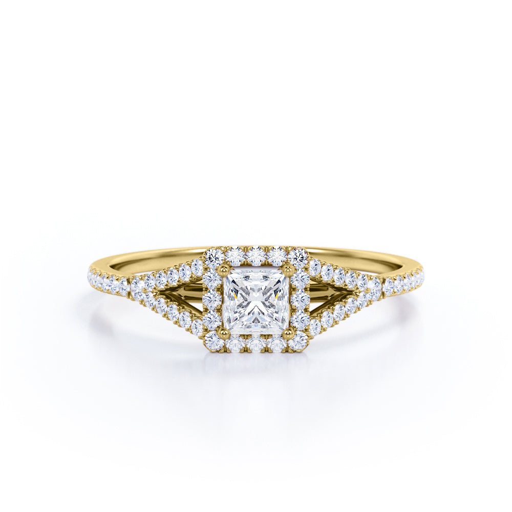 Halo Split shank 0.75 carat Princess cut Moissanite and diamond engagement ring in Rose gold