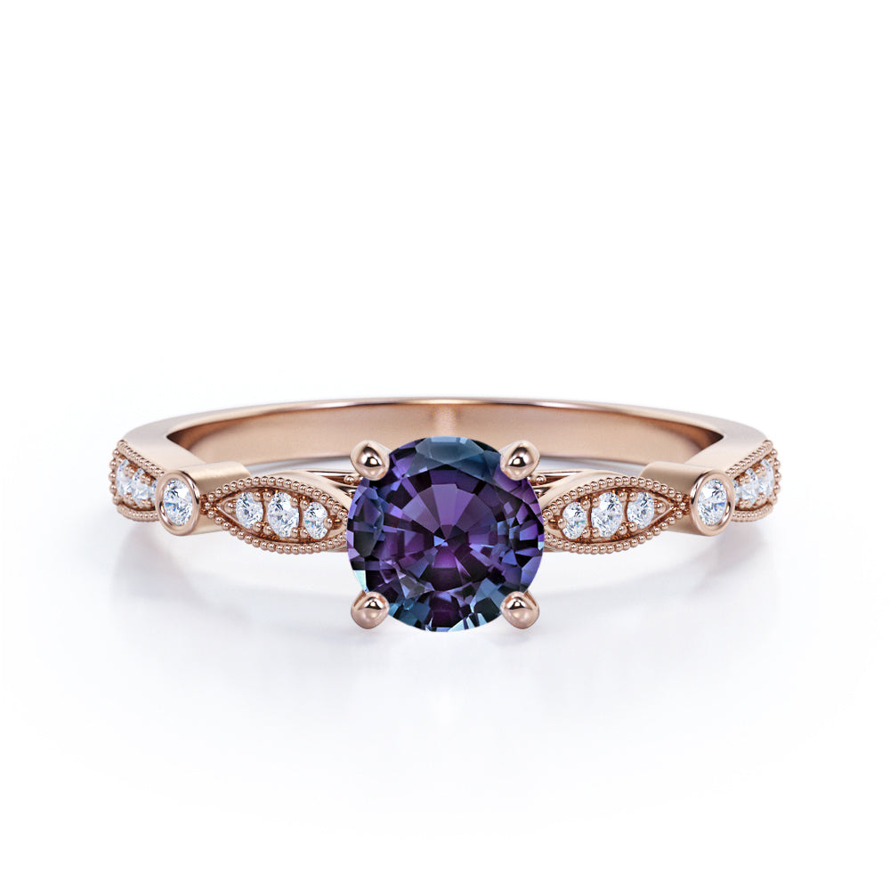 Claw Cathedral setting 1.15 carat Round cut Lab created Alexandrite and diamond art deco engagement ring in White gold