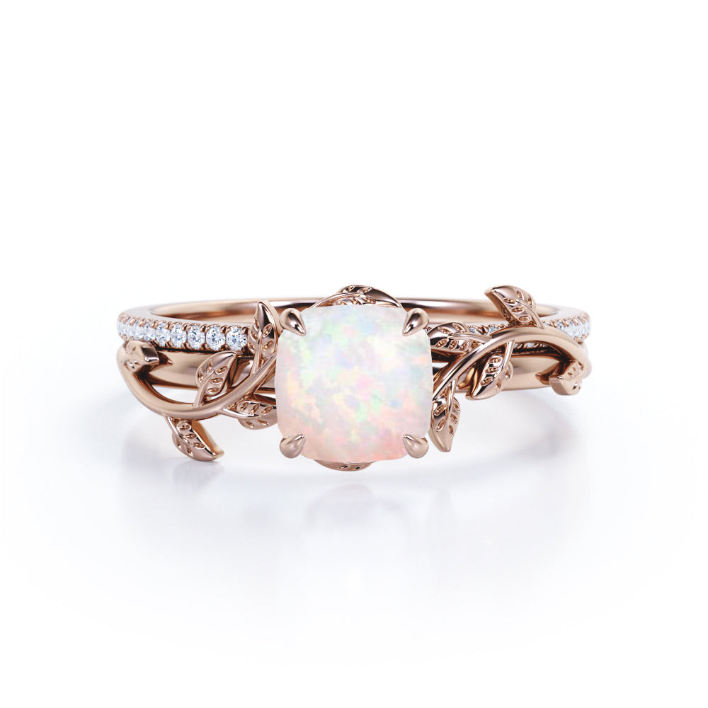 Dainty Vine 1 carat Cushion shaped Fire Opal and diamond wedding Bridal ring set for women