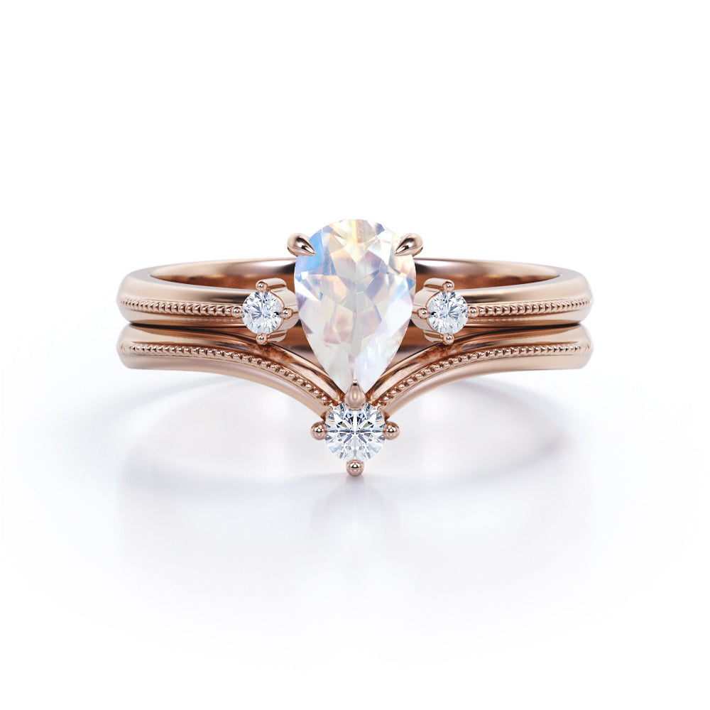 Chevron 1.1 carat V-shape Pear cut Moonstone and Diamond Milgrain Wedding ring set in White gold