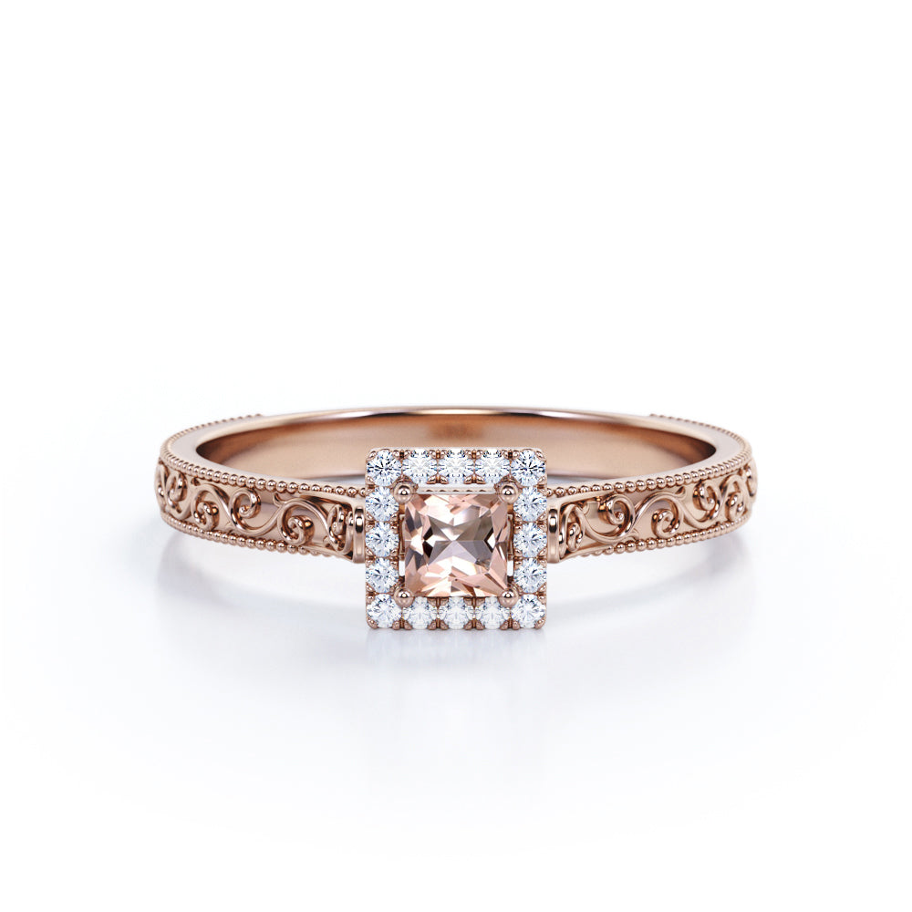 Pave Halo 0.75 carat Princess cut Peach Morganite and diamond ornamental filigree engagement ring in White gold