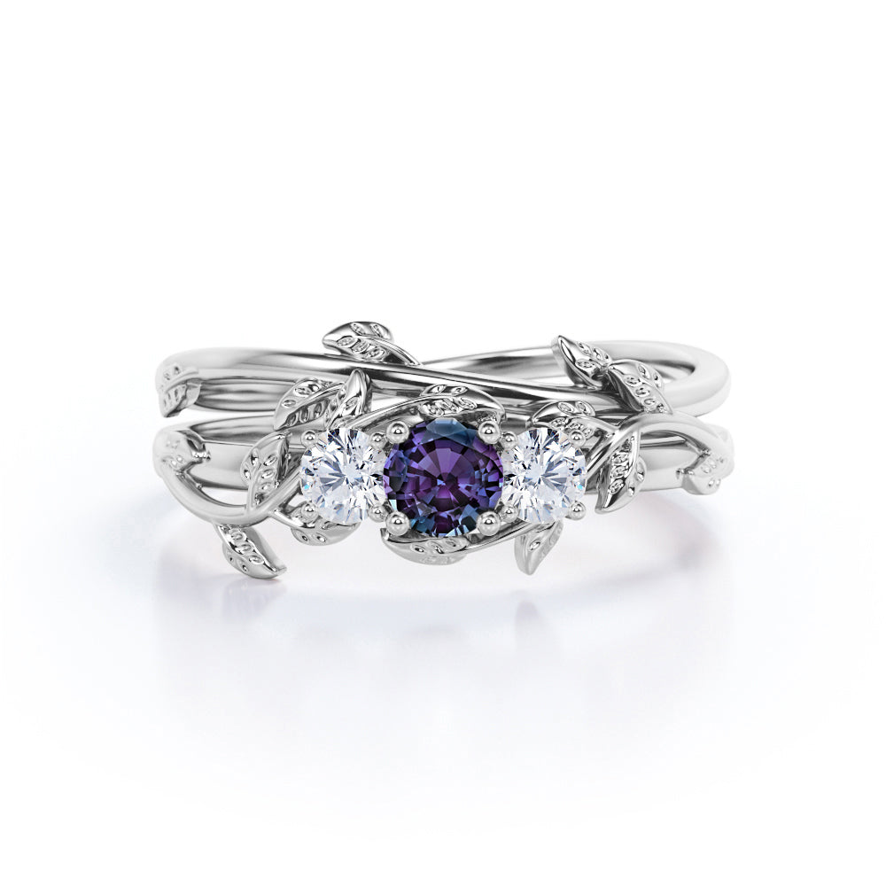 Nature inspired 0.65 carat round cut lab created Alexandrite and diamond trilogy wedding ring set for her in White gold