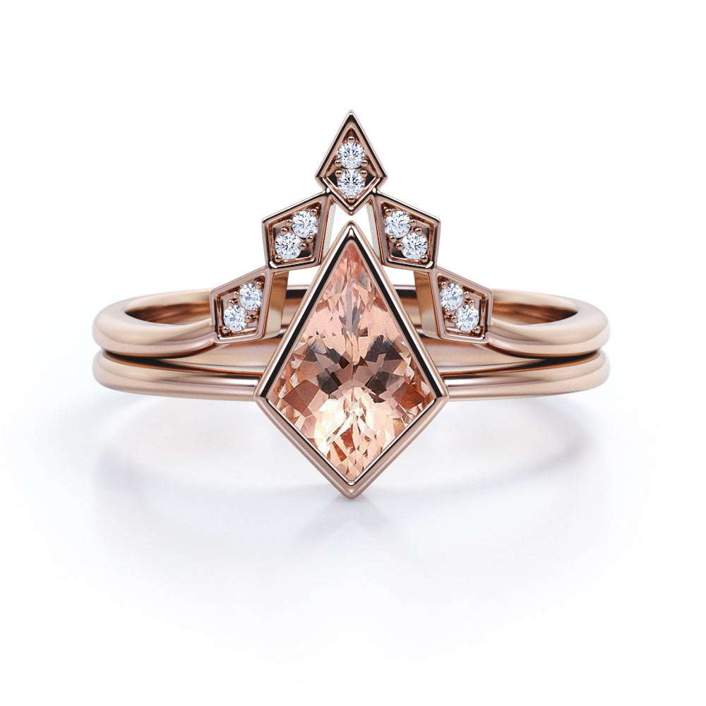 Antique Bezel Tiara 1.15 carat Kite Shaped Morganite and diamond wedding ring set for women in White gold