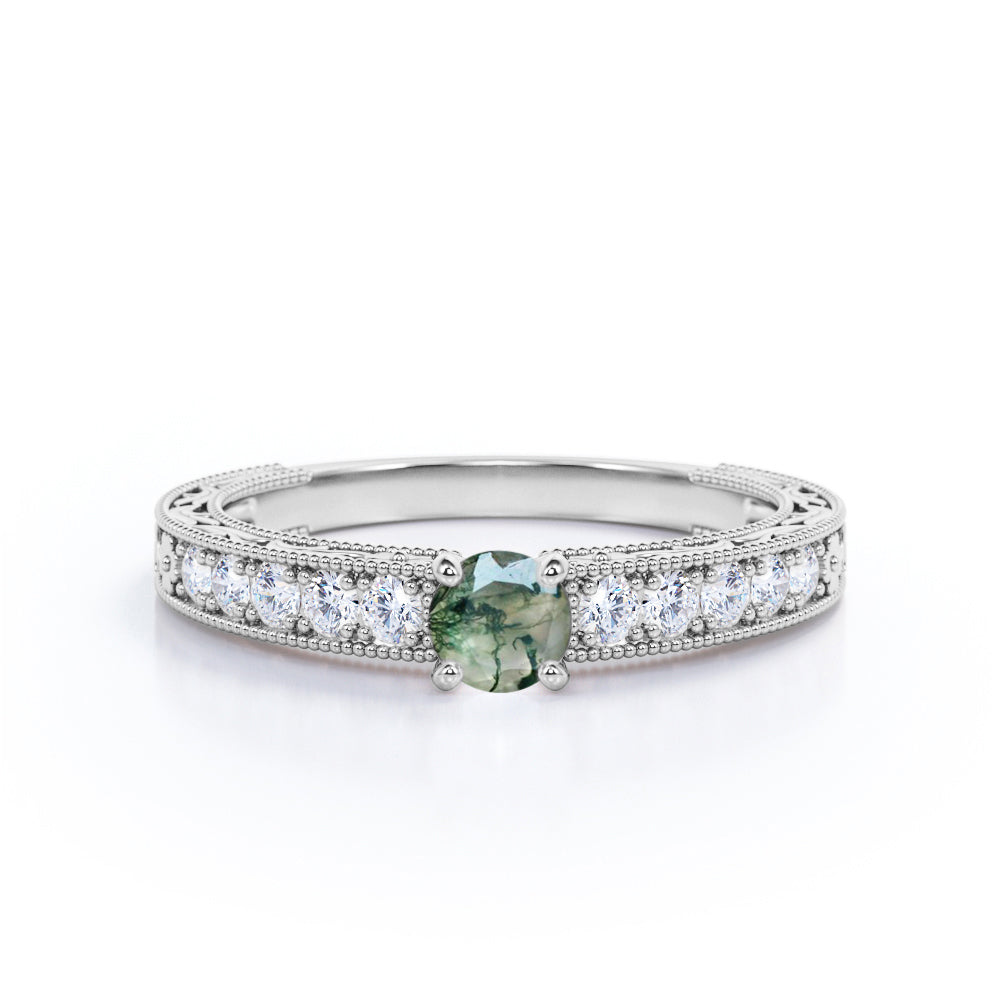 Artistic Milgrain 0.75 carat Round cut Moss Agate and diamond cathedral setting engagement ring in Rose gold