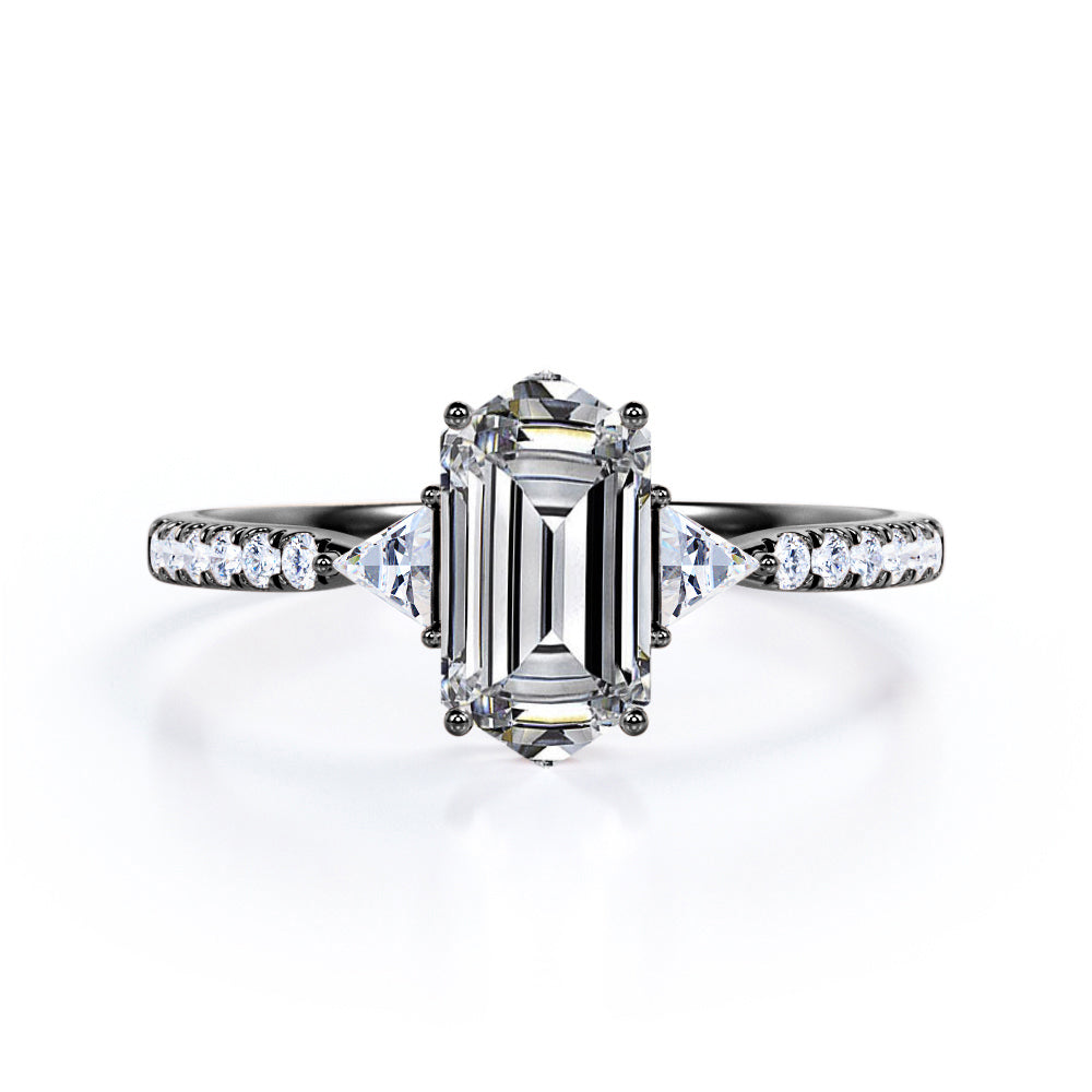 Trillion trinity 1.25 carat Hexagonal Moissanite and diamond 4 prong engagement ring in White gold