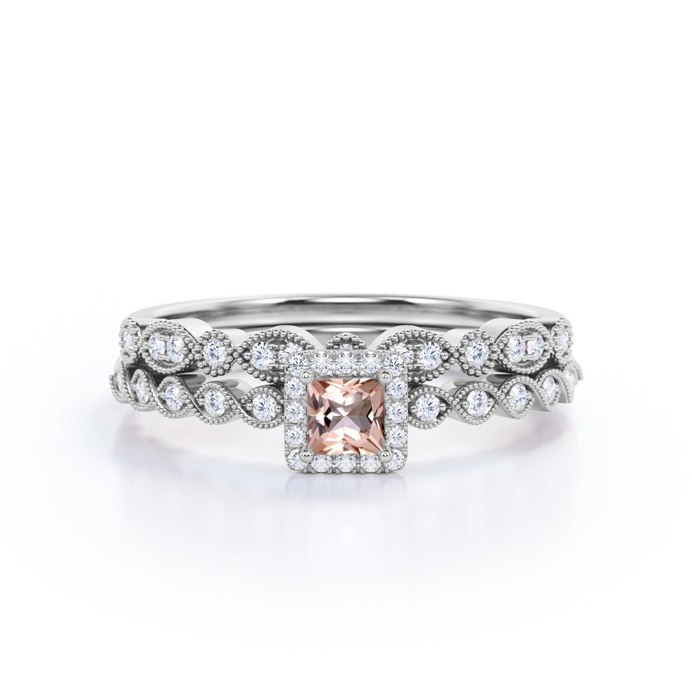 Vintage scalloped 1.25 carat Princess cut Peach Morganite and diamond antique bridal set for women in yellow gold