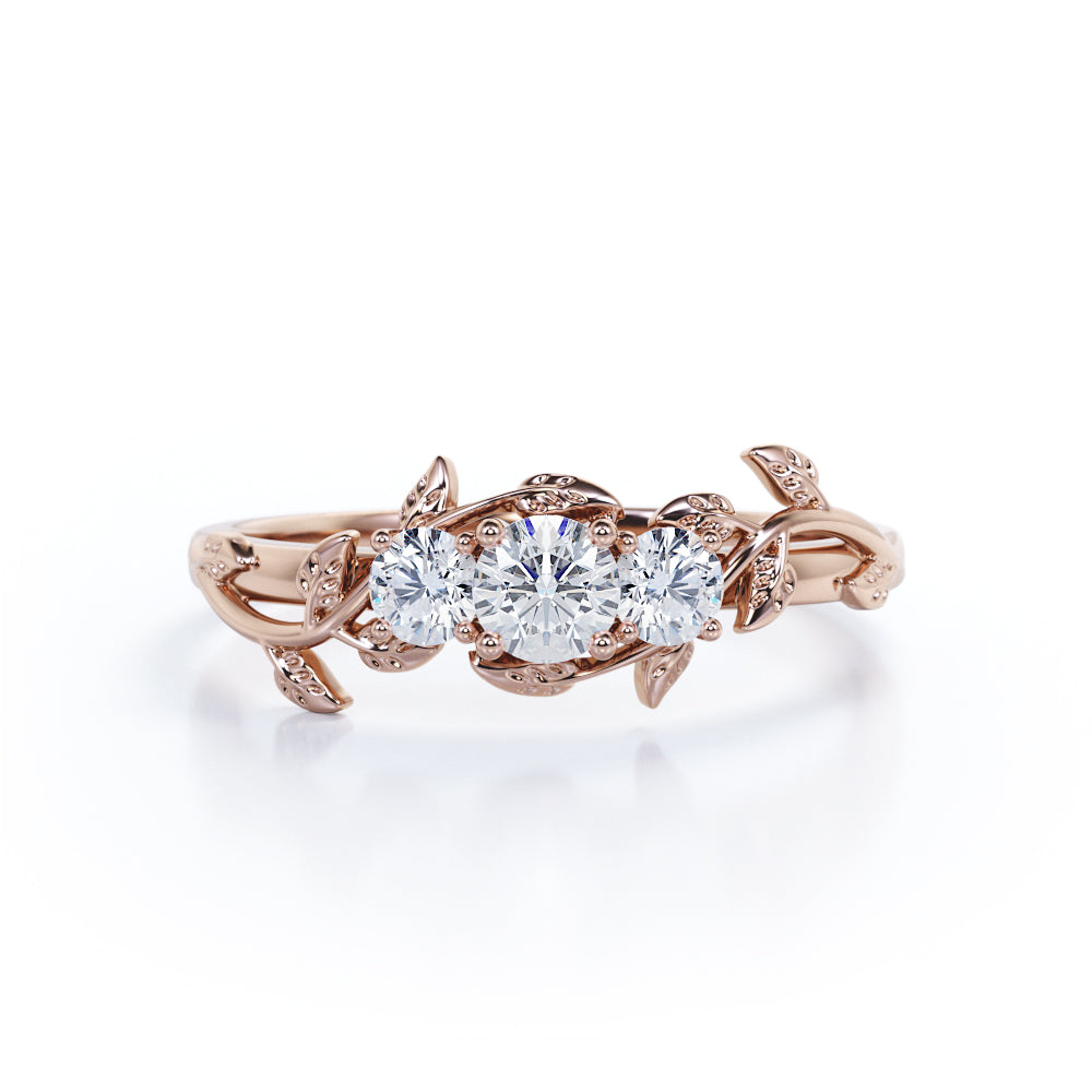 Eccentric Vine and leaf 0.75 carat round cut Moissanite and diamond 3 stone flower ring in White gold- Engagement ring
