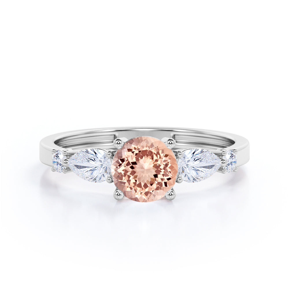 5 lucky stones 1.2 carat Round cut Peach Morganite and diamond antique engagement ring in Rose gold