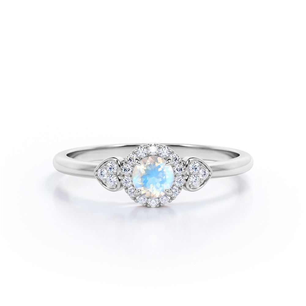 Triple stone 1.25 carat Round cut Rainbow Moonstone and diamond vintage double heart sweetheart ring in Rose gold-Engagement ring