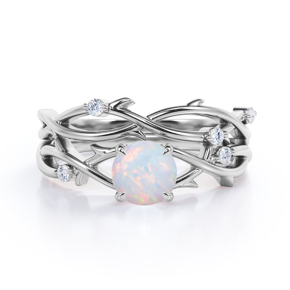 Twisted vine inspired 1 carat Round cut Opal and diamond claw prong wedding ring set for women in Black gold