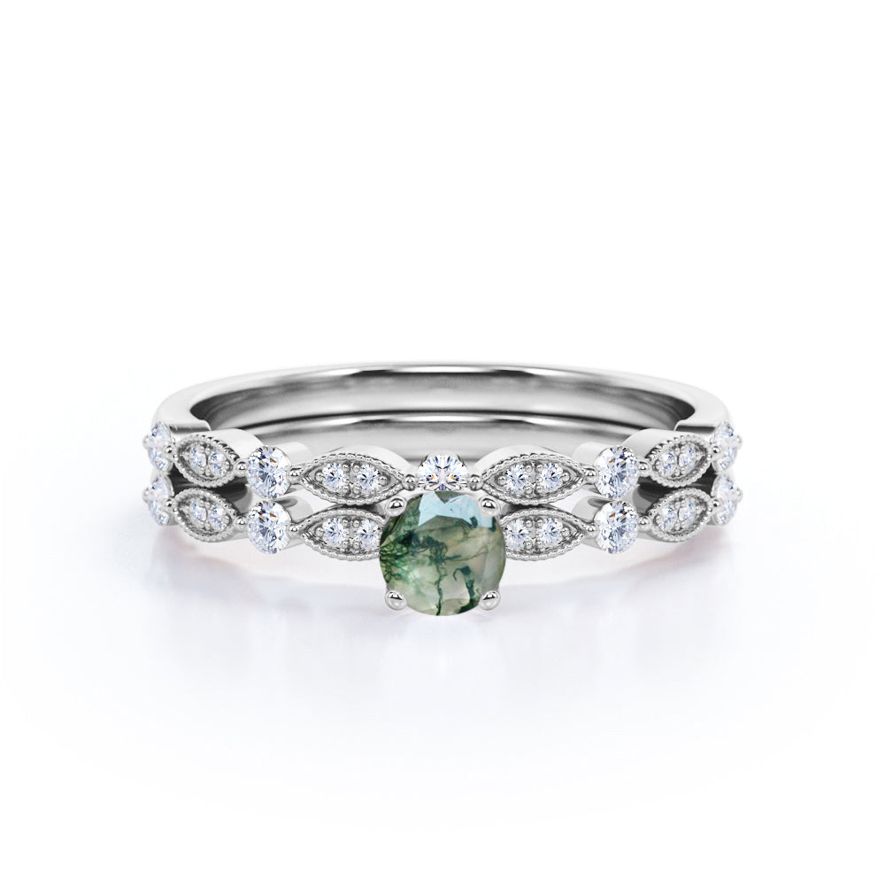 Milgrain Marquise Dot 0.85 carat Round cut Moss Green Agate and diamond wedding ring set for her in Rose gold