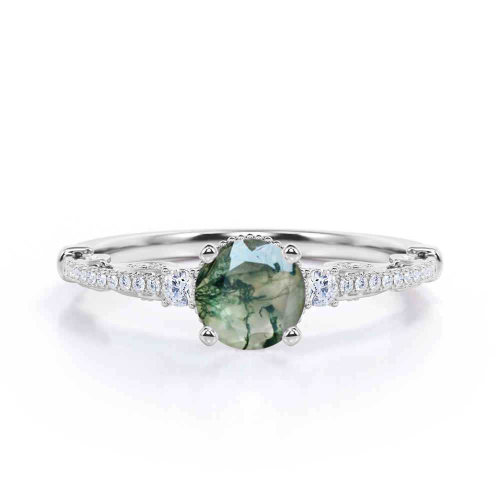 Vintage Bead décor 1.4 carat Round cut Moss Agate and diamond-pave filigree-three stone engagement ring in Black gold