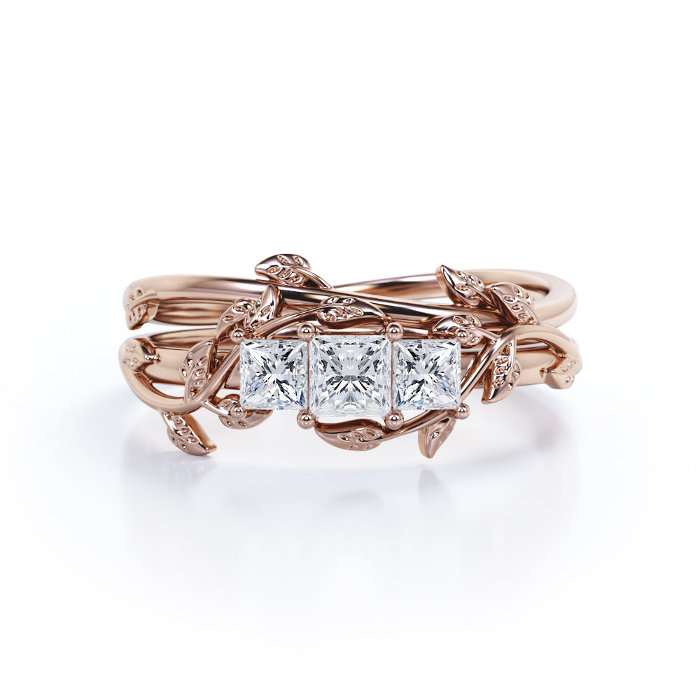 Triple stone 1.1 carat Princess cut Moissanite nature themed wedding rings for women in gold- Bridal ring set