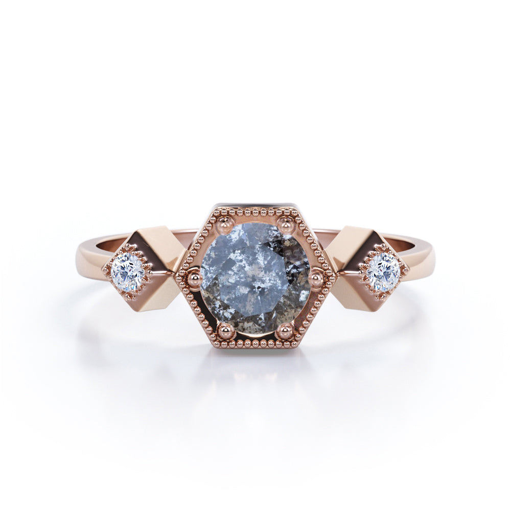Trio Bezel 0.6 carat Round cut Salt and pepper diamond and White diamond milgrain halo engagement ring in yellow gold