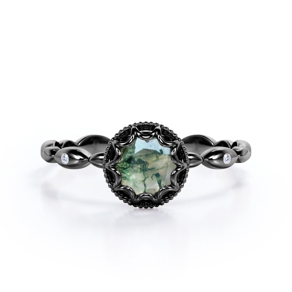 Exquisite infinity rope design 1 carat Round cut Moss Green Agate Scalloped halo engagement ring in White gold