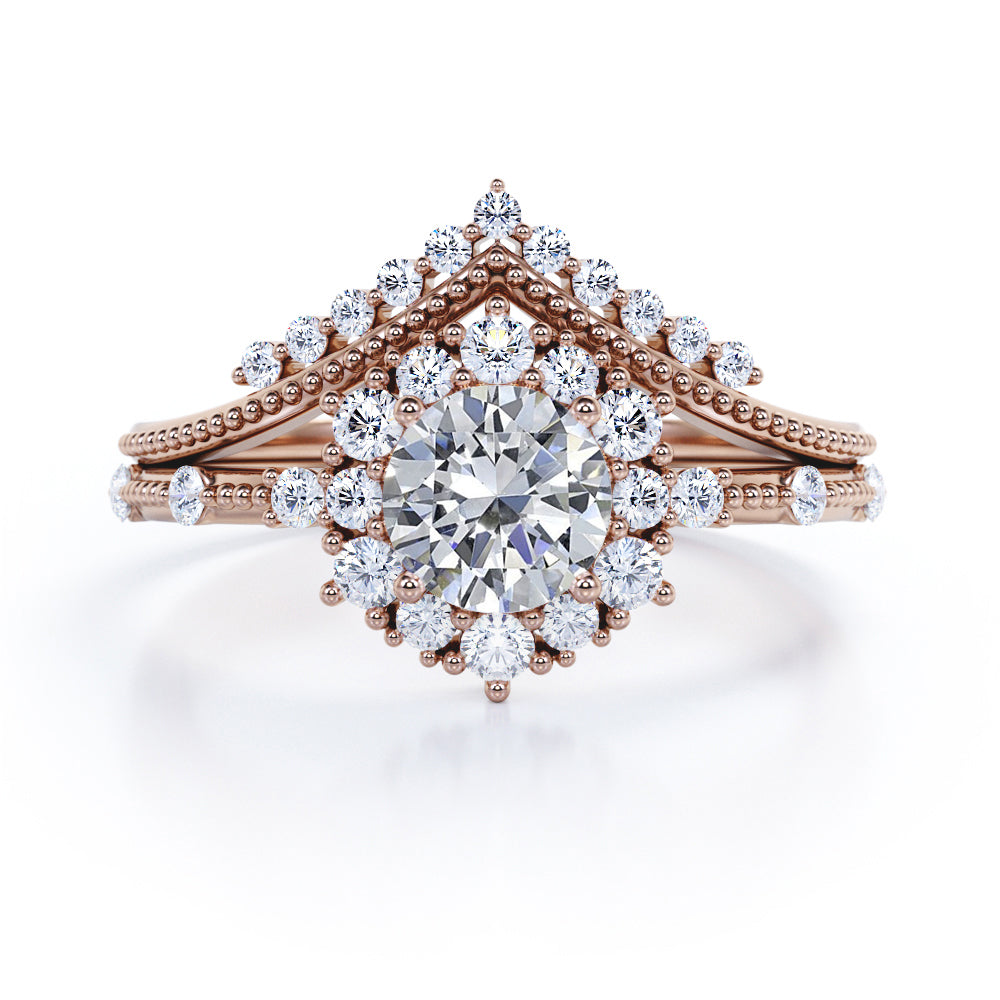 Milgrain Chevron 1.3 carat Round cut Moissanite and diamond art deco inspired wedding ring set for her in Black gold