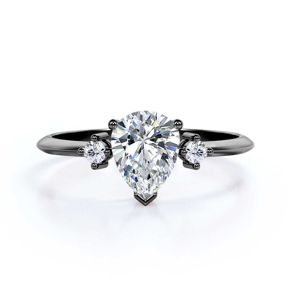Classic Trinity 1 carat Pear shaped Moissanite and diamond-prong setting-pinched shank engagement ring in White gold
