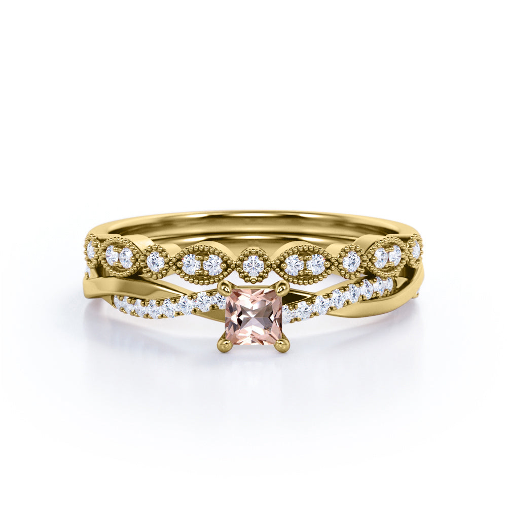 Intertwined vintage 1 carat Princess cut Morganite and diamond Milgrain and infinity wedding ring set in White gold