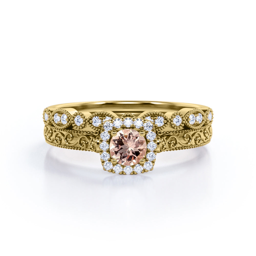 Victorian Filigree 0.9 carat Round cut Morganite and diamond halo Milgrain halo engagement ring set in Rose gold-Bridal set