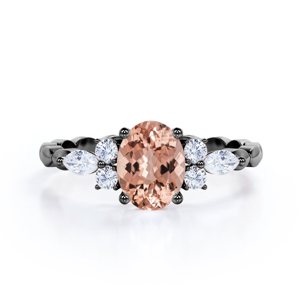 Twisted Bands 1.15 carat Oval shaped Peach Morganite and diamond flower style engagement ring in White gold