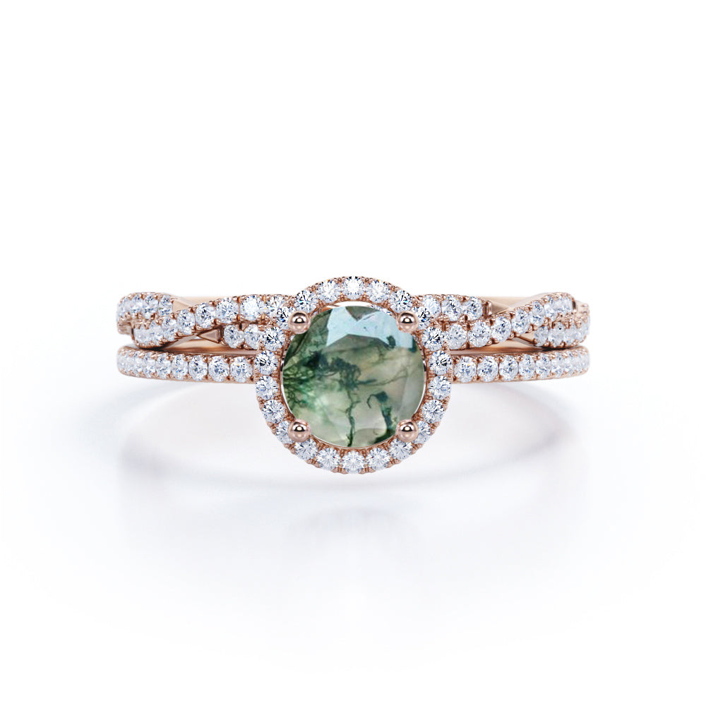 Classic Halo 1.75 carat Round cut Moss Green Agate and diamond Art deco Anniversary ring set for her - Wedding ring set