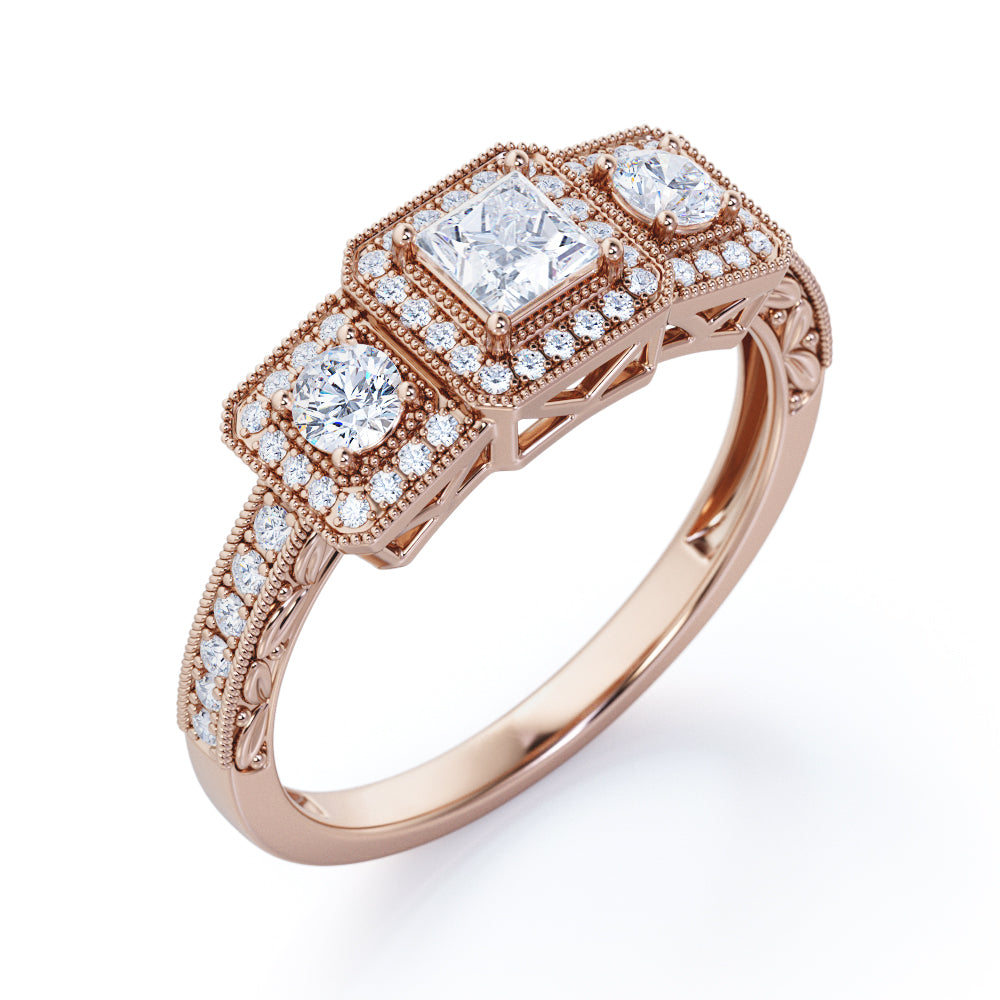 Grandiose three stone 1.55 carat Princess cut Moissanite and diamond vintage art deco Bridal set in White gold