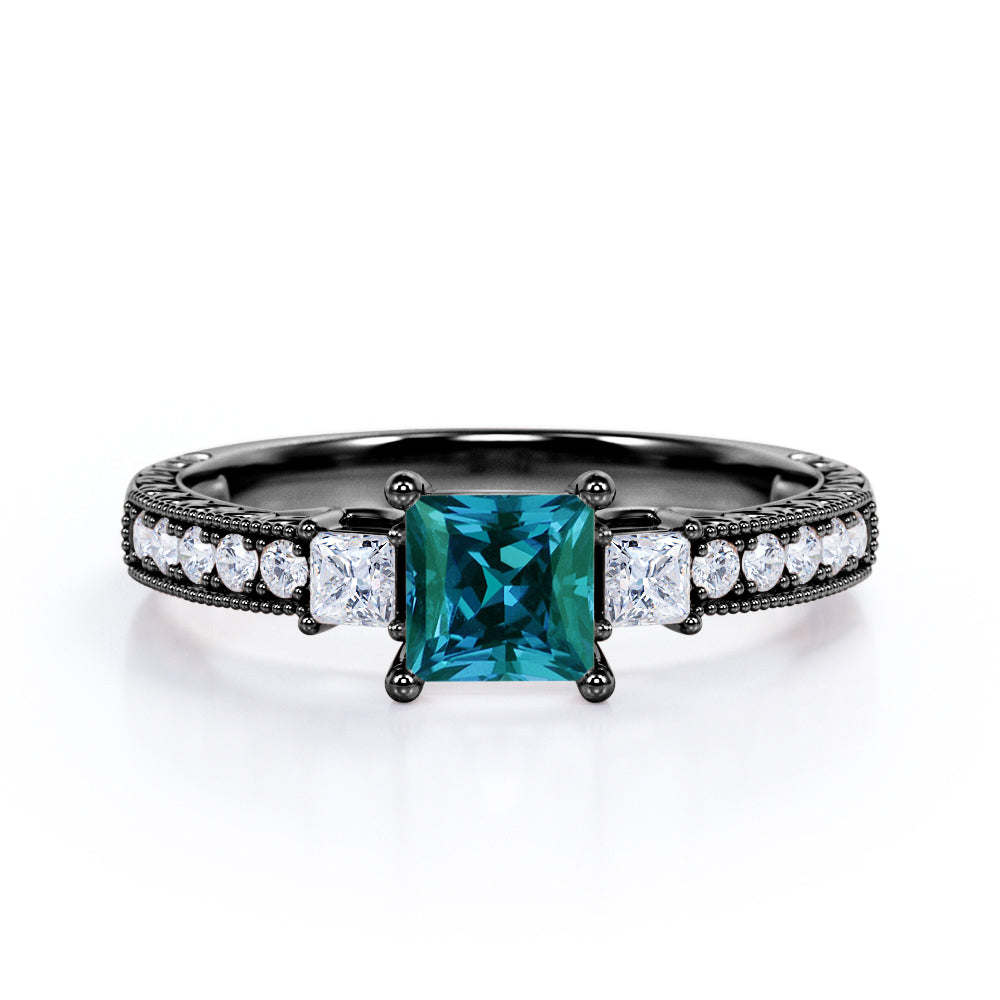 Milgrain Trilogy 1.25 carat Princess cut Alexandrite and diamond antique art deco engagement ring in Rose gold