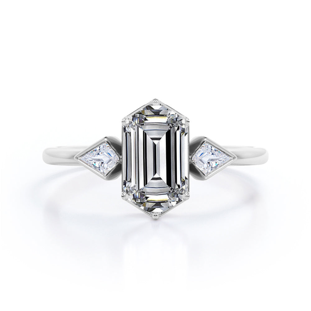 Asymmetric three stone 1.2 carat Hexagon cut Moissanite and Kite diamonds engagement ring in Black gold