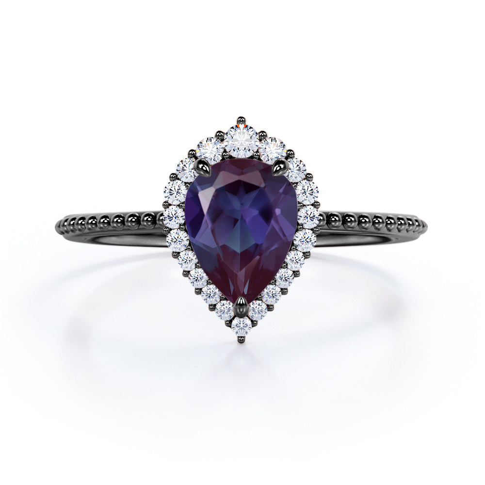 Crown Milgrain 1.25 carat Pear shaped Synthetic Alexandrite and diamond halo style engagement ring in Rose gold