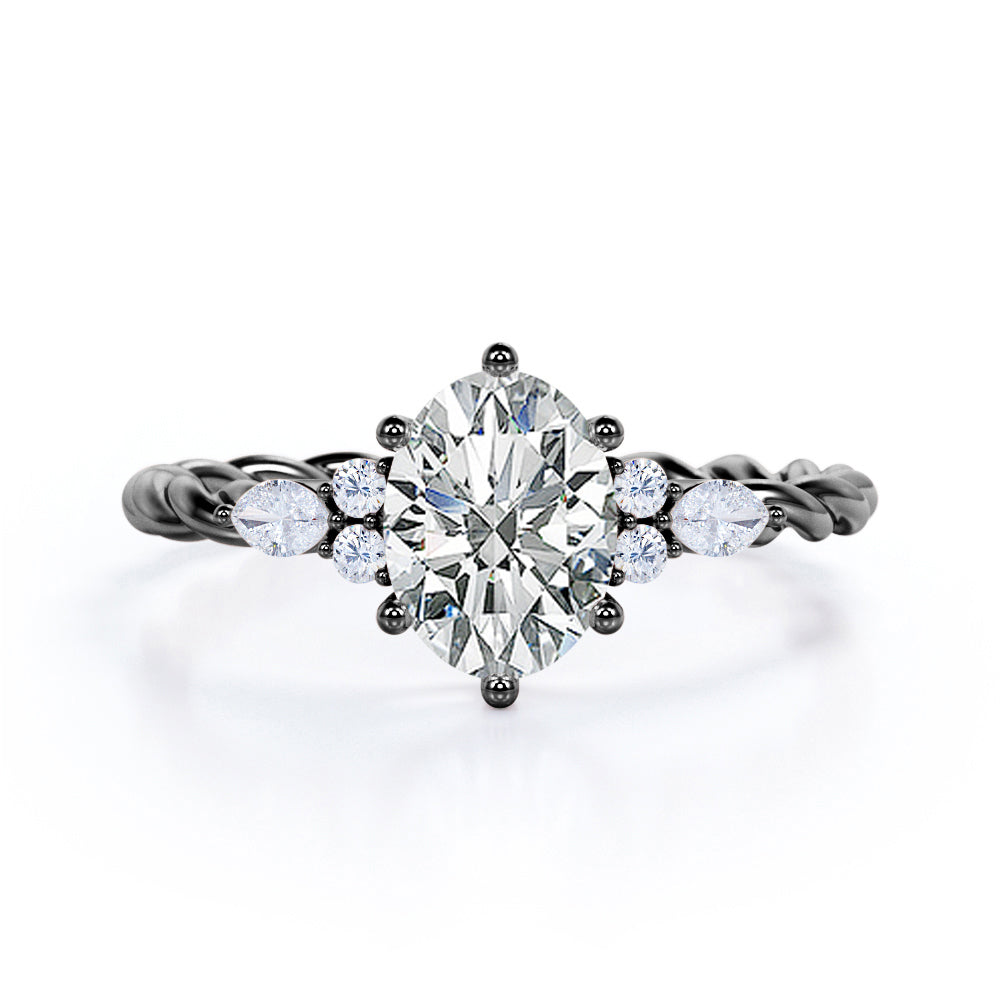 Twisted Rope style 1 carat Oval shaped Moissanite and diamonds 6 prong engagement ring White gold