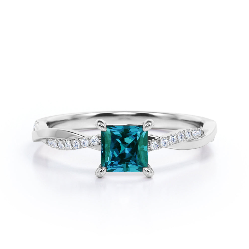 Infinity twist 1.2 carat Princess cut Synthetic Alexandrite and diamond contemporary engagement ring in Rose gold