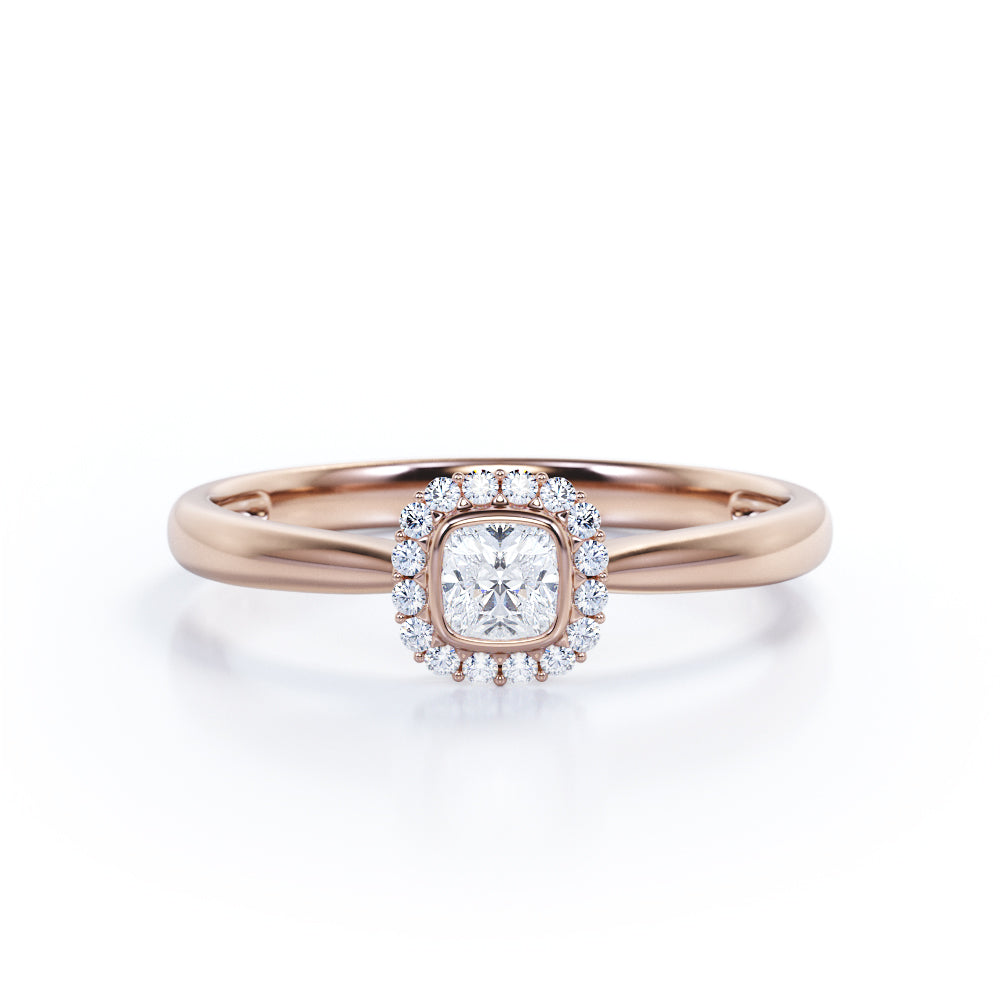 Halo solitaire 0.6 carat Cushion cut Moissanite and diamonds pinched shank engagement ring in yellow gold