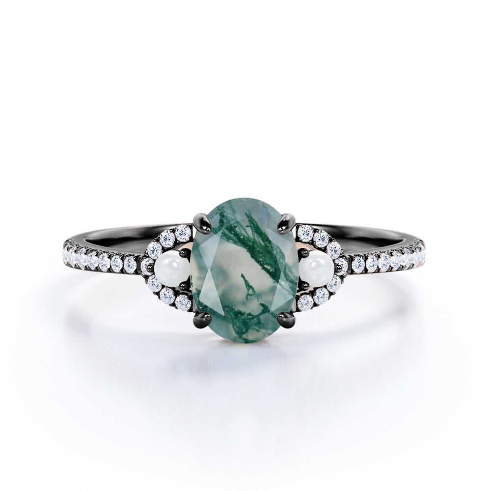 Eternity Pave 1.35 carat Oval shaped Moss Green Agate and diamond with freshwater pearl promise ring in White gold