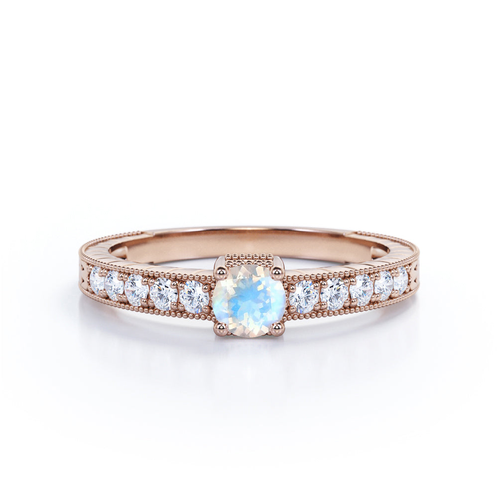 Vintage Beaded 1.25 carat Round cut Blue Moonstone and pave diamond Milgrain Edge Engagement ring in White gold