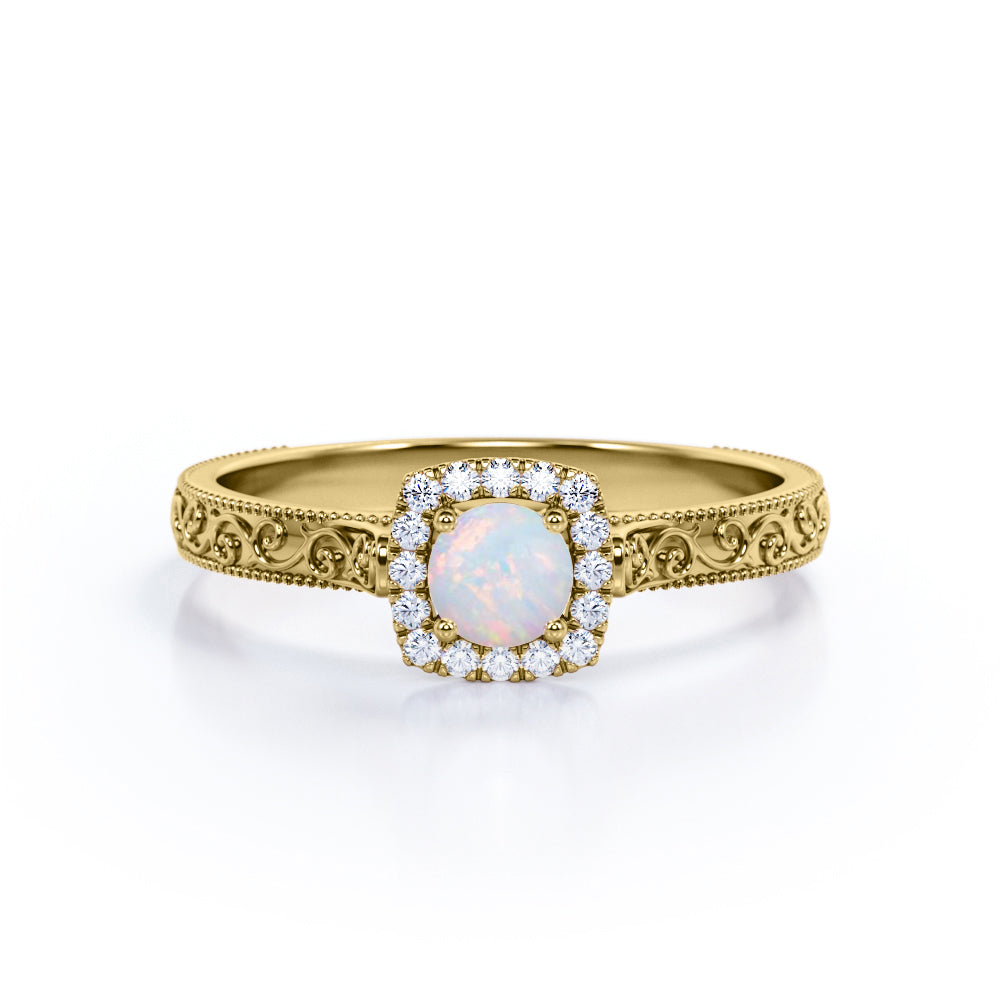 Vintage Halo 0.65 carat Round cut Australian boulder opal and diamond edwardian art deco engagement ring in White gold