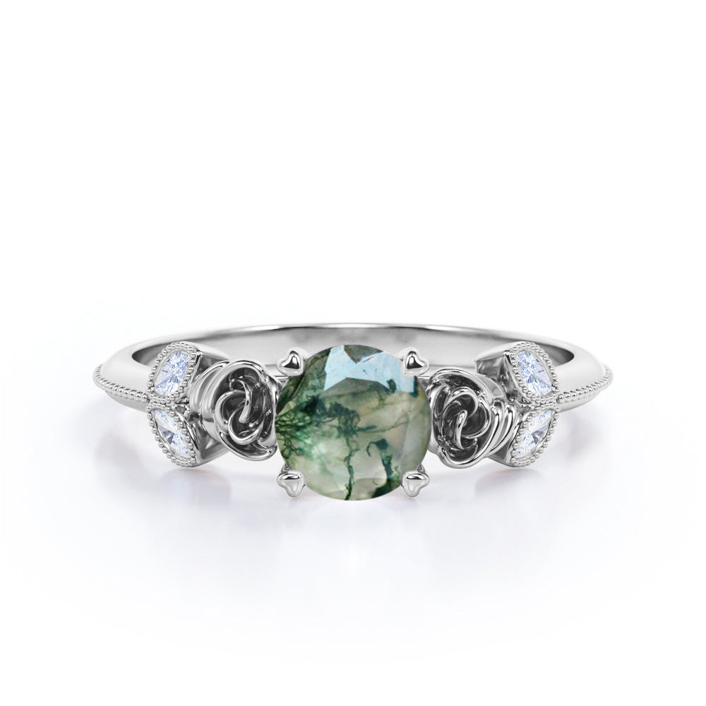 Rose ring-1.15 carat Round cut Moss Green Agate and diamond marquise milgrain engagement ring in Black gold
