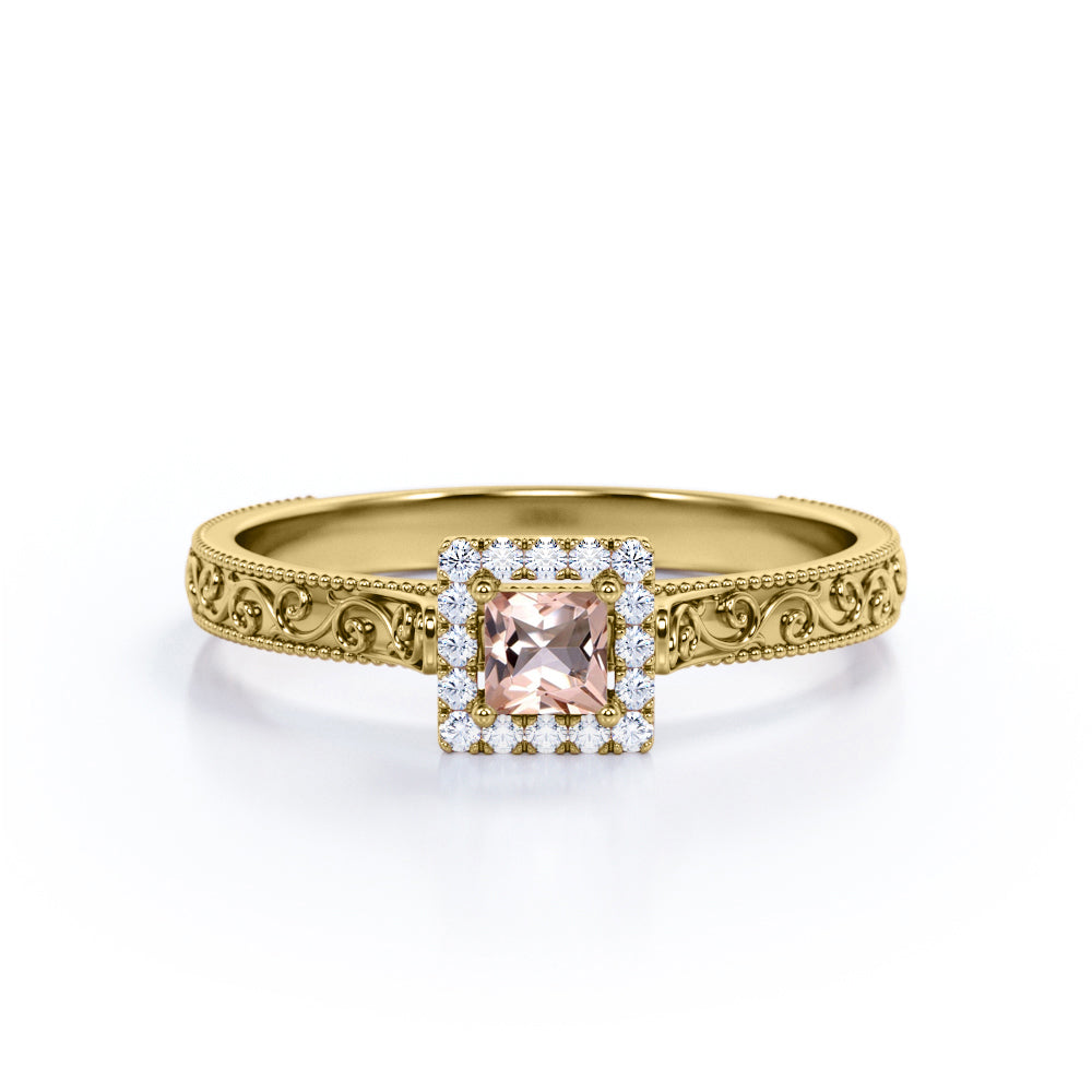 Pave Halo 0.75 carat Princess cut Peach Morganite and diamond ornamental filigree engagement ring in White gold