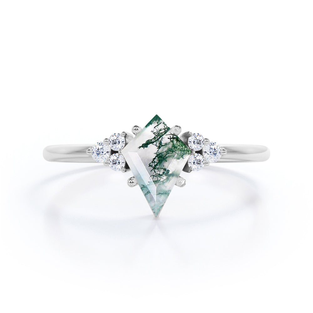 Elegant 1.1 carat Kite shaped Moss Green Agate and diamond 7 stone engagement ring in Black gold