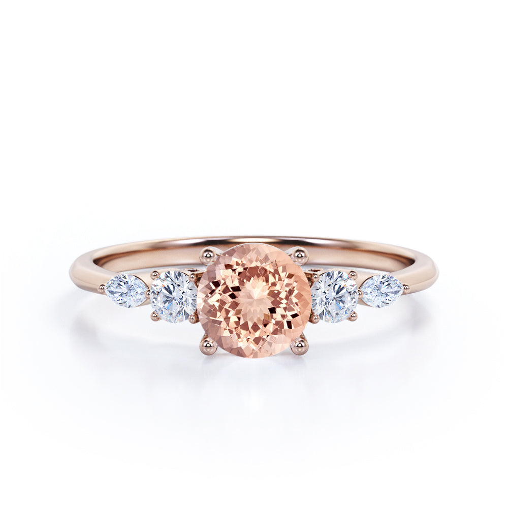 Traditional 1.1 carat Round cut Morganite and diamond five stone engagement ring in White gold
