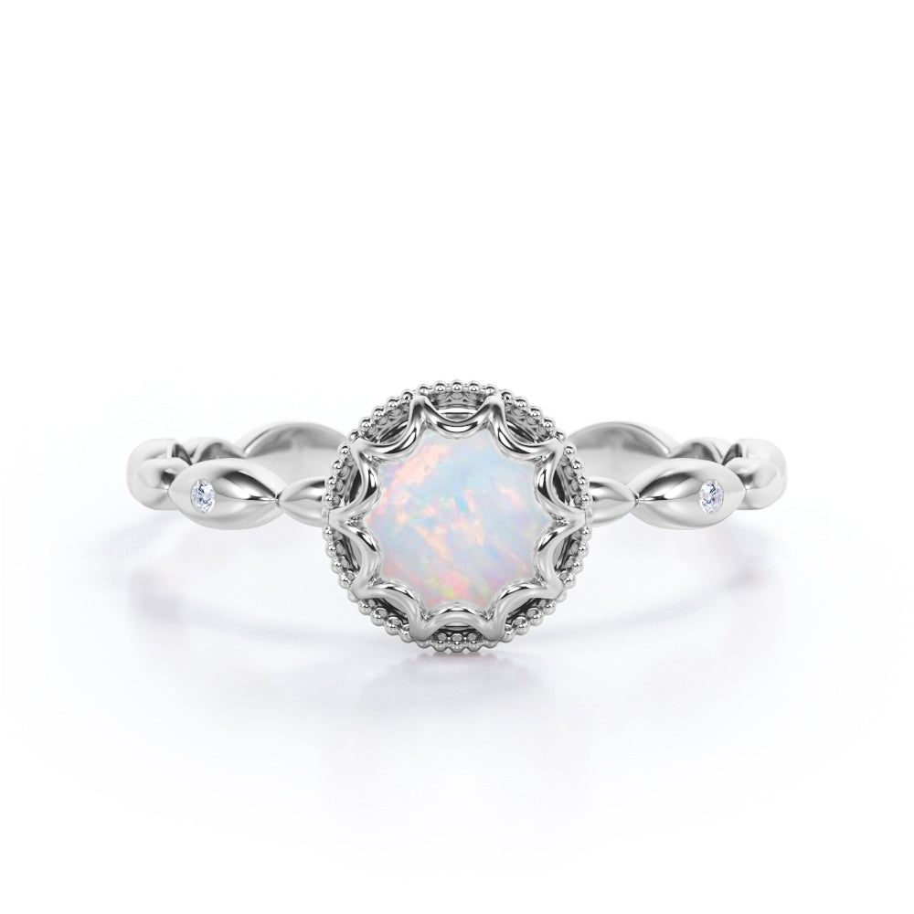 Scalloped halo 1 carat Round cut Ethiopian Opal milgrain edge engagement ring in Rose gold