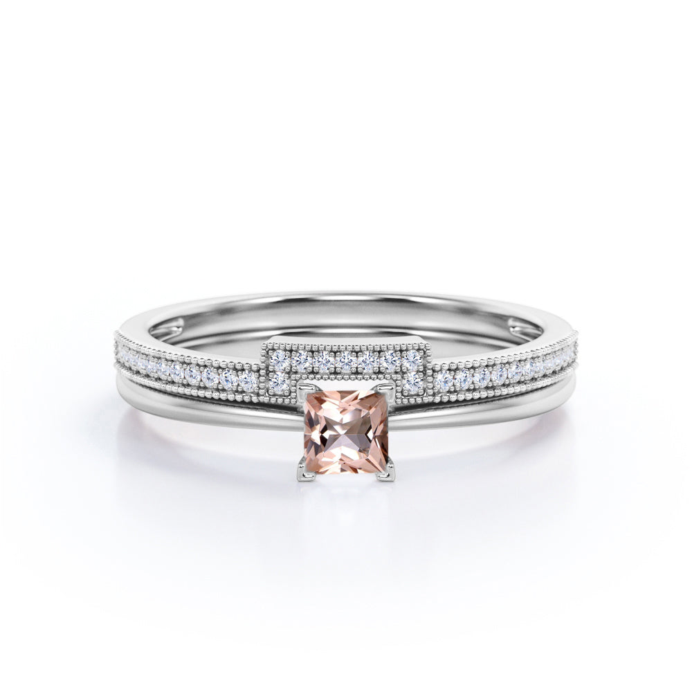 Eternity 0.75 carat Princess cut Pink Morganite and diamond Solitaire Bridal wedding ring set in Yellow gold