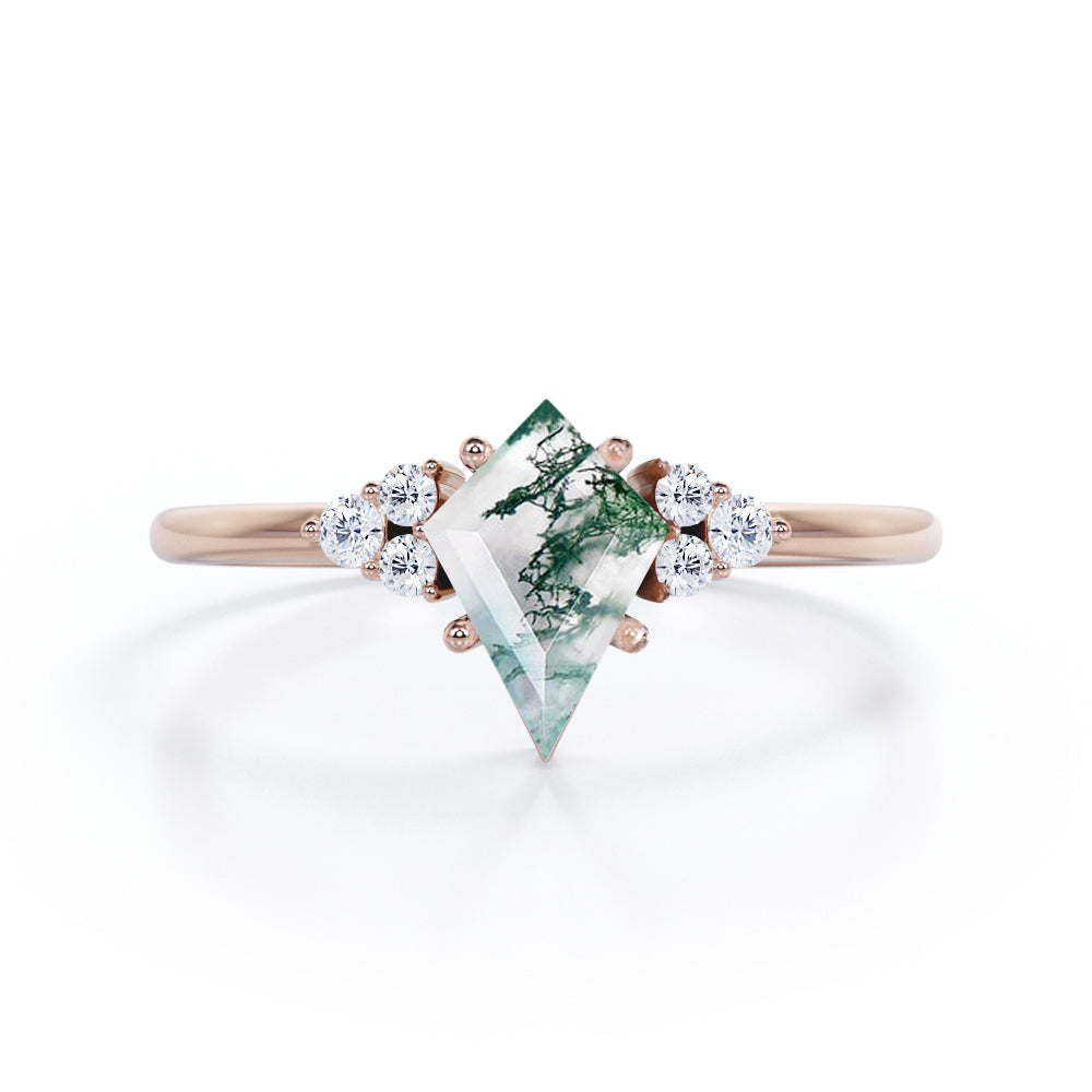Elegant 1.1 carat Kite shaped Moss Green Agate and diamond 7 stone engagement ring in Black gold