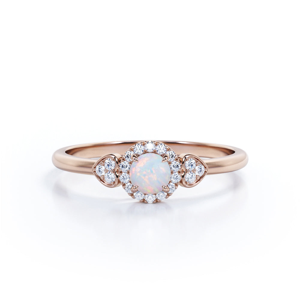 Romantic 0.75 carat Round cut Fire opal and diamond 3 stone halo engagement ring for women-Heart ring