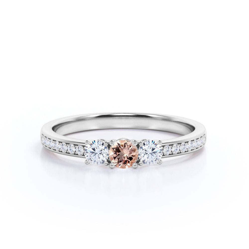 Classic three stone 0.75 carat Round cut Pink Morganite and diamond art deco channel engagement ring for her in Rose gold
