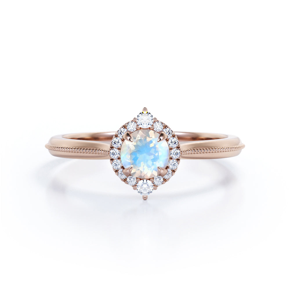 Authentic Milgrain Round cut 1.15 carat Moonstone and Diamond Halo Bridal set in White gold